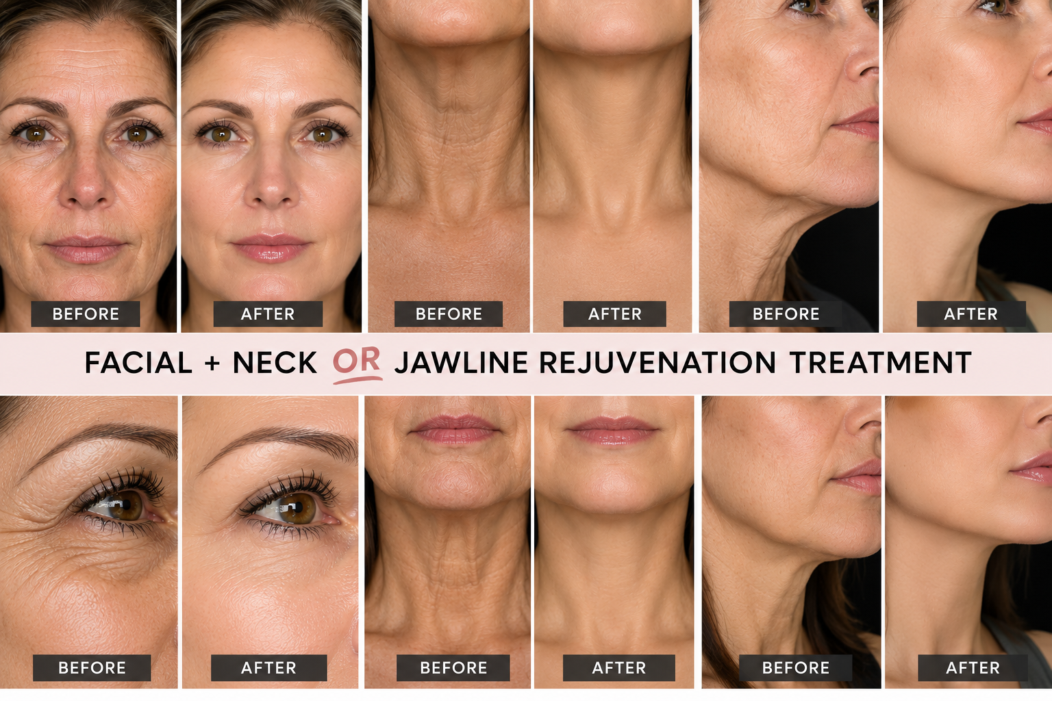 Promotional collage of before-and-after comparisons for the face, neck, jawline and eye area