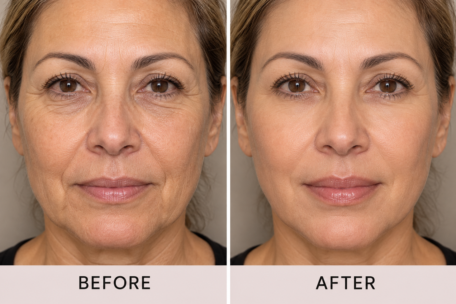 Promotional side-by-side facial rejuvenation comparison labeled before and after